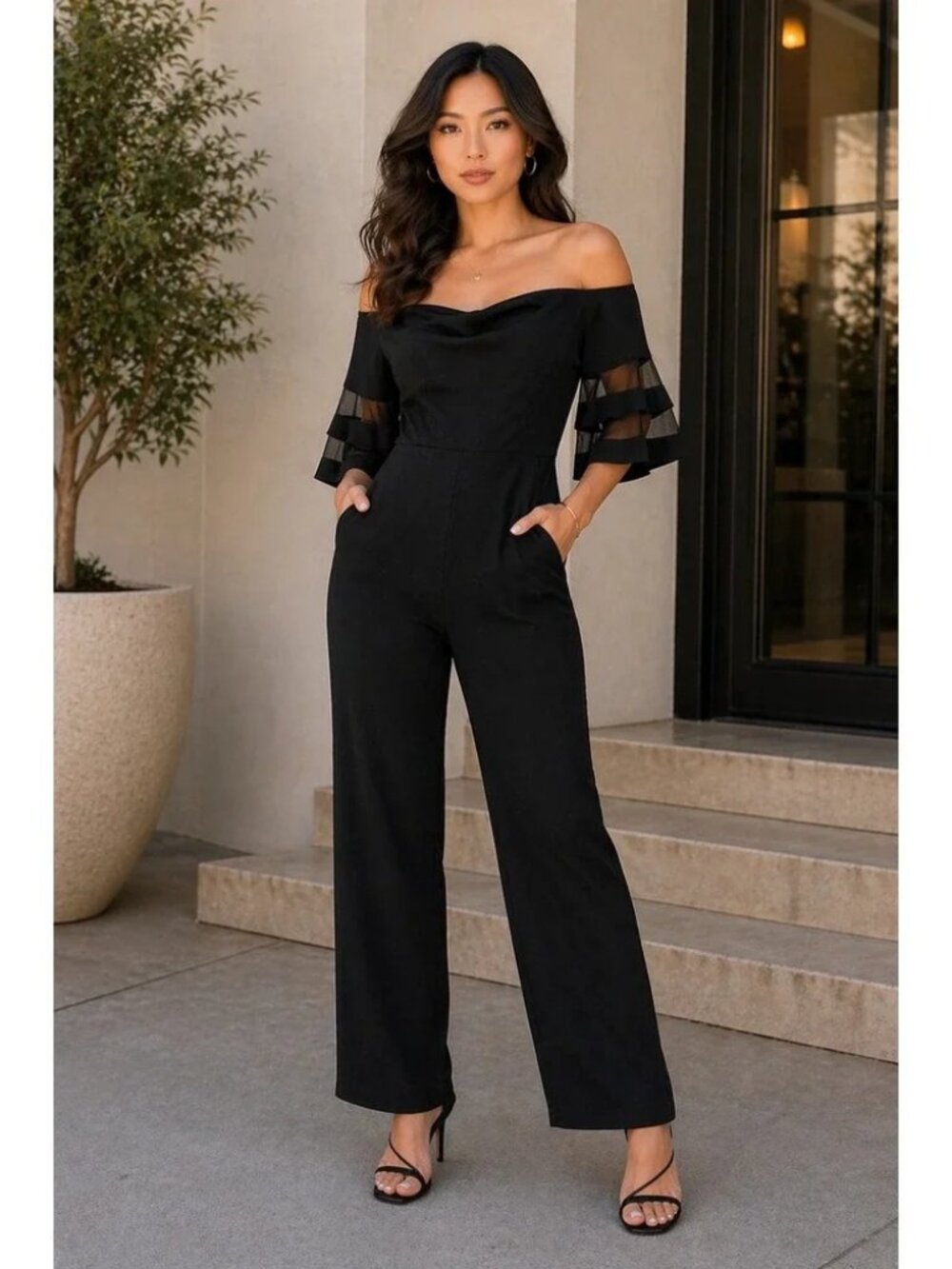 Premier Amour Jumpsuit Black Mesh Bell Sleeve Off Shoulder - 12